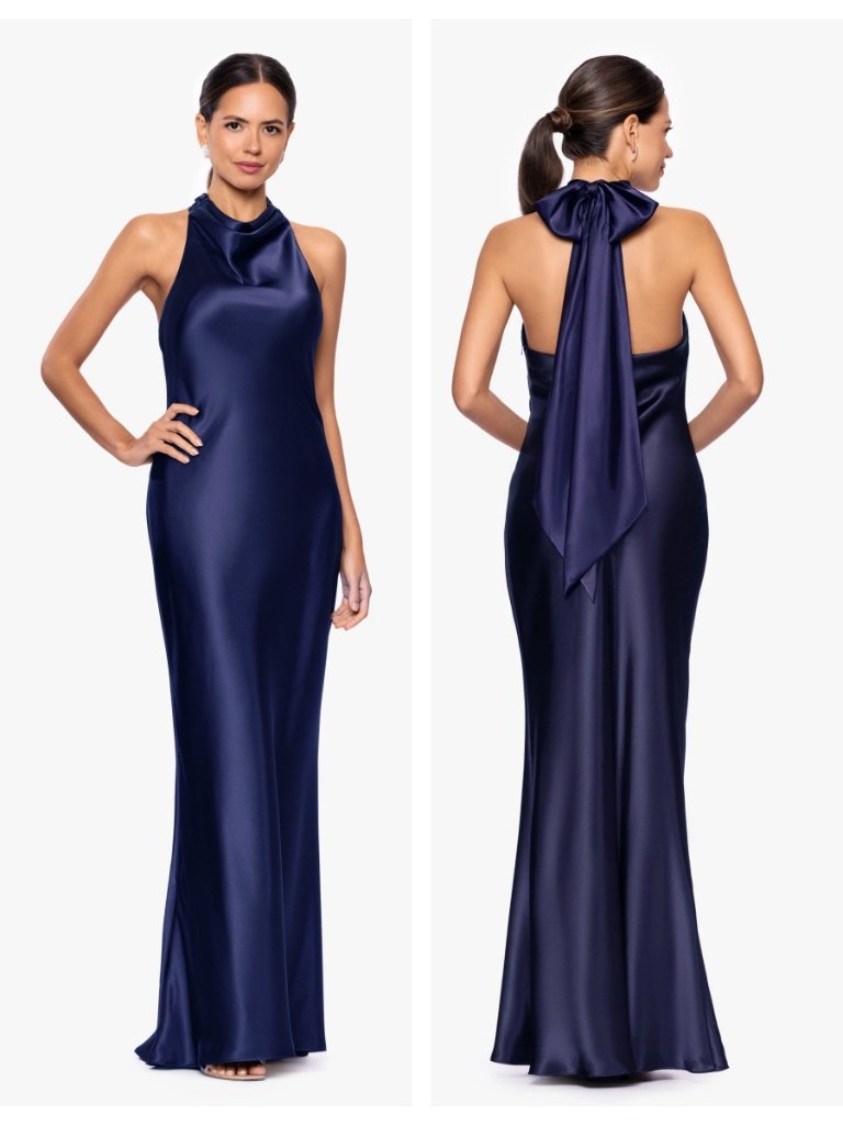 Betsy & Adam Shannon Halter Necktie Luxe Satin Dress Navy